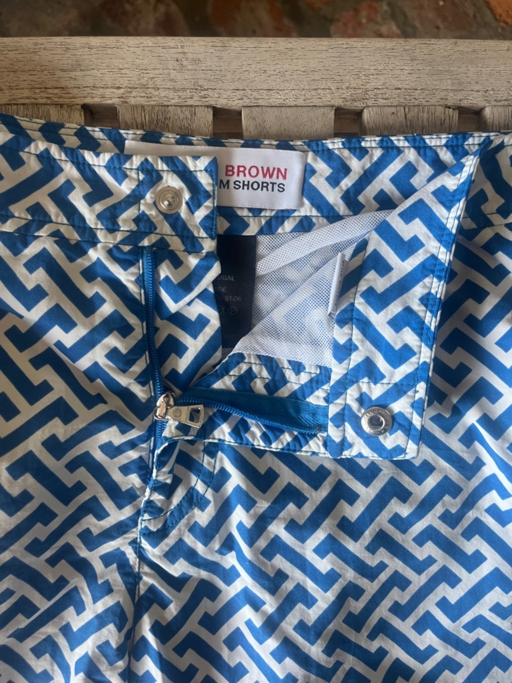 Orlebar Brown Bulldog Swim Shorts Blue White Geometric Print Size 34 - Picture 11 of 16